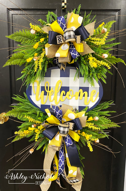 Buffalo Check Welcome Plaque Everyday Wreath - NAVY, Yellow & White