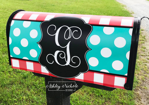 Buffalo Check and Polka Dot (Turquoise and Red) - Magnetic Vinyl Mailbox Cover