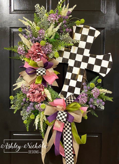 Checkered Cross Floral Wreath - Black & White