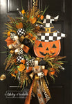 Checkered Witch Jack-O-Lantern Halloween Wreath