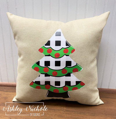 Custom Pillow - Christmas Tree - Black and White Buffalo Check on Beechwood Tan Outdoor Fabric