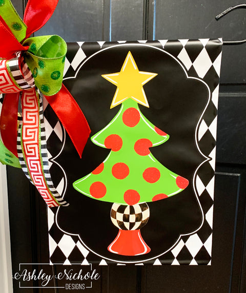Christmas Tree - Gold Star and Checkered - Garden Vinyl Flag
