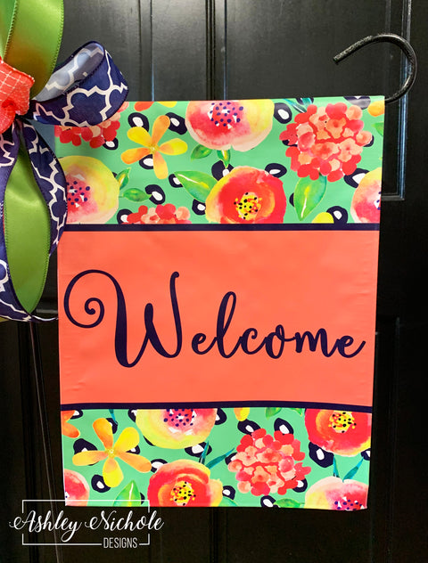 Coral Floral (NAVY) WELCOME - Vinyl Garden Flag