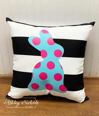 Custom Pillow - Teal & Pink Dot Bunny on Black & White Stripe Outdoor Fabric