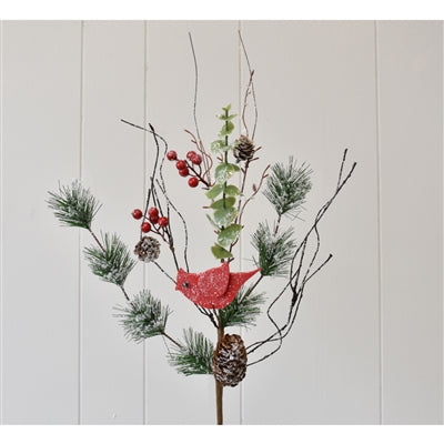 20" Frosted Pine, Pinecone & Berry Spray With a Felt Cardinal