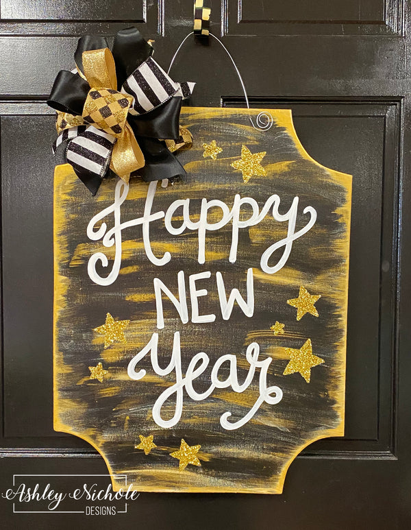 Happy New Year Snowman Wood Sign Plaque - Primitive Winter Decor 9x11.5 Inch