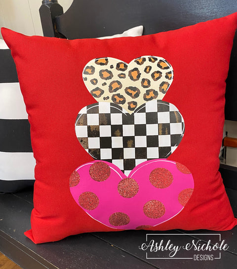 Custom-Heart Stack Elegant Valentine Pillow on Red Fabric