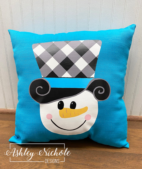 Custom - Snowman Buffalo Check Hat - Turquoise Pillow