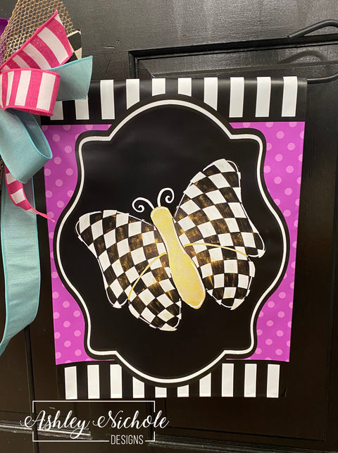 Elegant Butterfly - Checkered with Gold Overlay - Vinyl Garden Flag