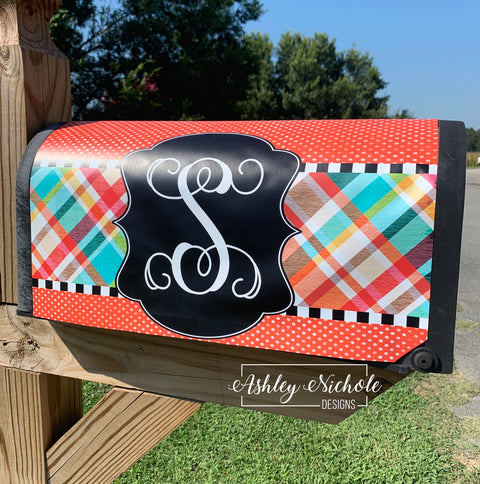 Fall Plaid - Colorful Initial - Magnetic Vinyl Mailbox Cover