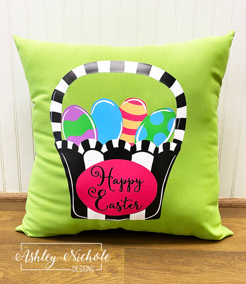 Happy Easter Basket and Eggs - Vinyl Design Pillow on Outdoor Fabric