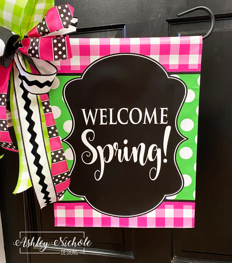 Buffalo Check Pink and Green Vinyl Garden Flag - Welcome Spring