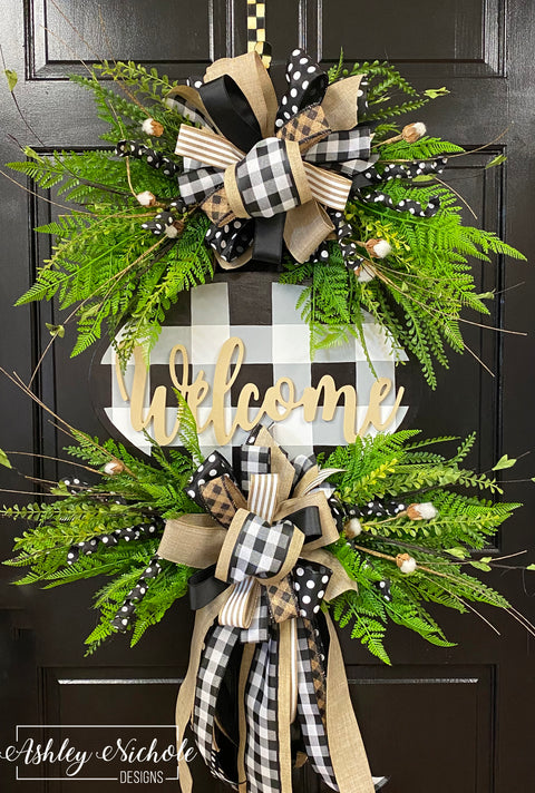 Buffalo Check Welcome Plaque Everyday Wreath - Black & White