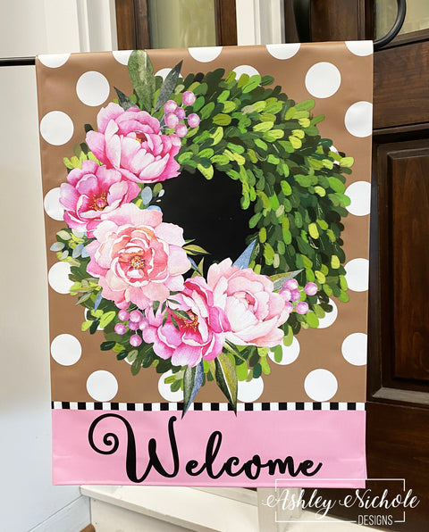 Pink Peony Floral - Tan - Vinyl Garden Flag