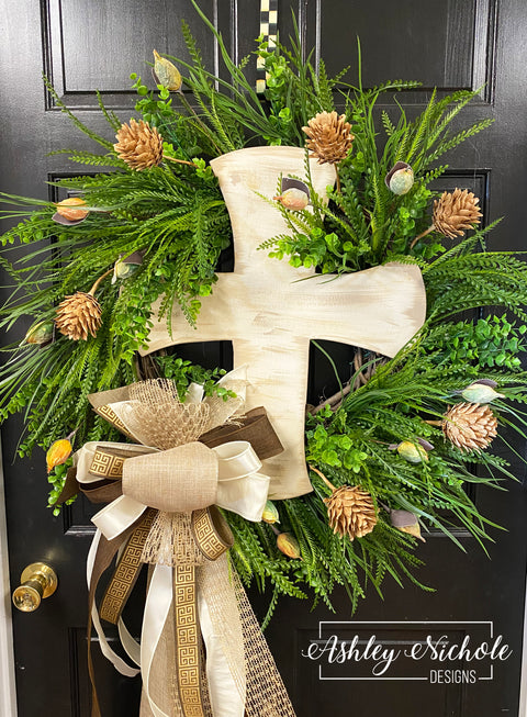 Neutral Cross & Greenery Wreath