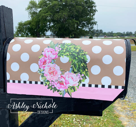 Pink Peony Flower - Tan - Magnetic Vinyl Mailbox Cover