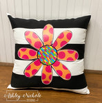 Custom-Crazy Dot Daisy Design Pillow on Striped Outdoor Fabric