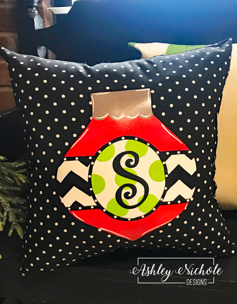 Custom Pillow - Ornament - Initial- on Black & White Mini Dot Outdoor Fabric