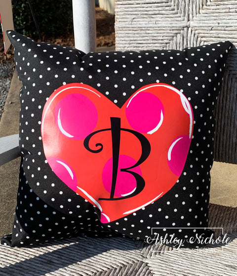Custom-Heart Pink and Red with Black and White Dot Pillow