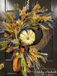 Navy & Cream Fall Pumpkin Wreath