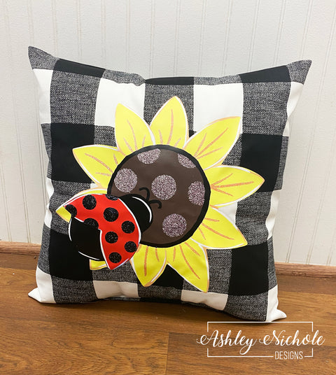 Custom Pillow - Sunflower and Ladybug on Buffalo Check Outdoor Fabric