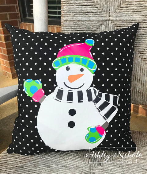 Custom Pillow - Snowman - Colorful Full Body on Black & White Mini Dot Outdoor Fabric