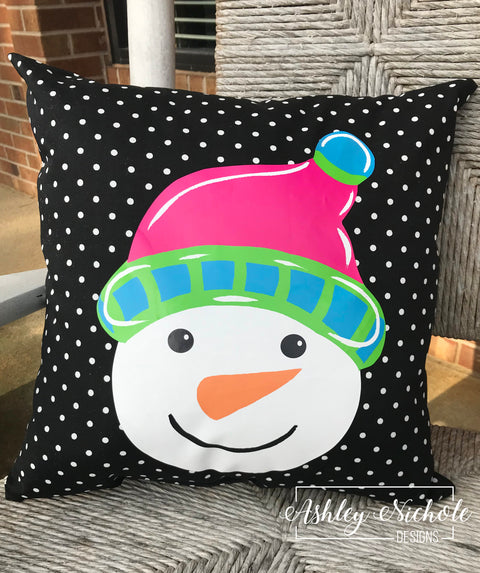 Custom Pillow - Snowman Head - Colorful Pink -  on Black & White Mini Dot Outdoor Fabric