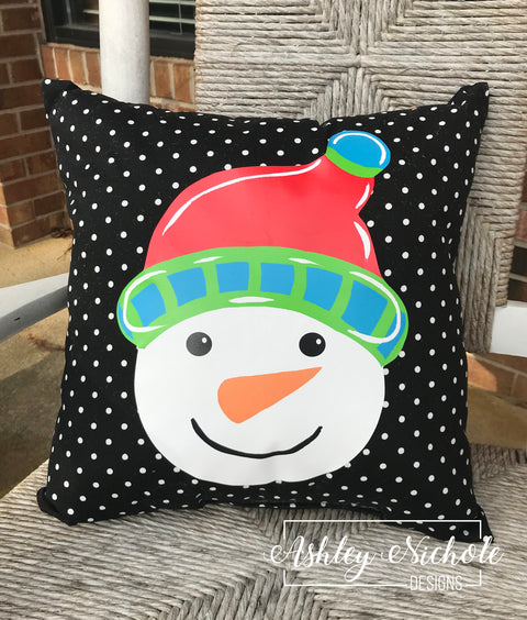 Custom Pillow - Snowman Head - Colorful Red - on Black & White Mini Dot Outdoor Fabric