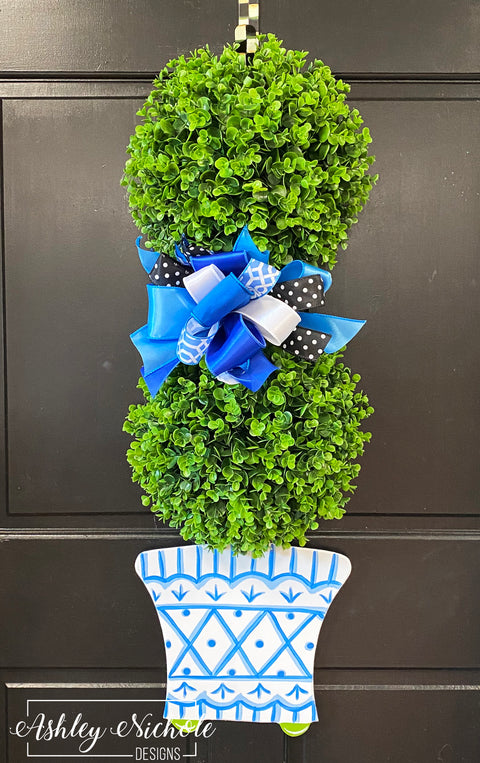 Topiary - Double Ball Chinoiserie - Door Hanger (Blue Variety Bow)