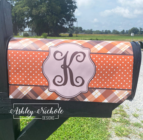 Fall Orange Plaid Initial - Magnetic Vinyl Mailbox Cover