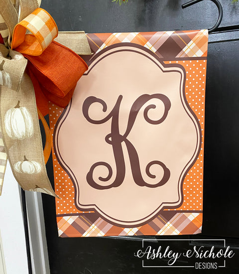 Fall Orange Plaid Initial - Vinyl Garden Flag