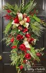 Red Christmas Magnolia & Evergreen Teardrop Swag - 36"