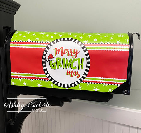 Merry "Grinch" mas - Christmas Vinyl Mailbox Cover