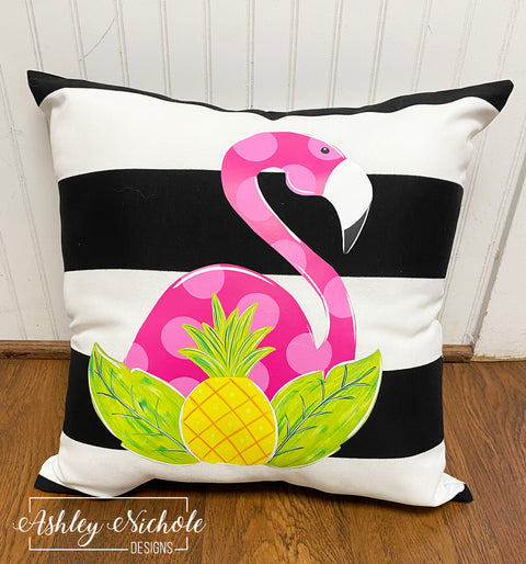 Custom - Tropical Flamingo Pillow on Black & White Striped Outdoor Fabric