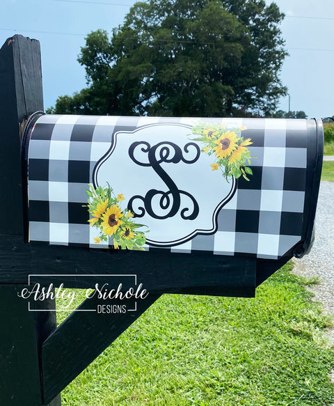 Sunflower & Buffalo Check - Magnetic Vinyl Mailbox Cover