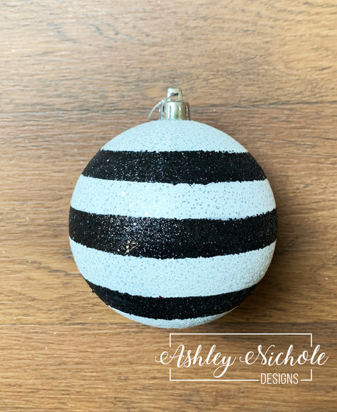 100mm Glittered Striped Ball Ornament - Black and White