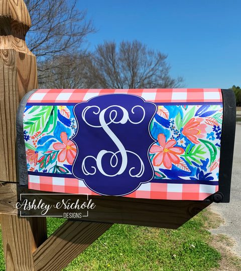 Coral Floral Royal Blue Initial - Magnetic Vinyl Mailbox Cover