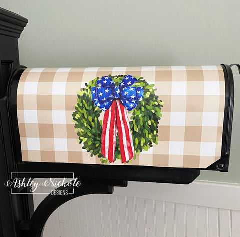 Patriotic Boxwood Wreath Magnetic Mailbox Cover