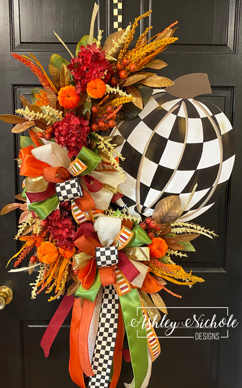 Checkered Pumpkin Oval Fall Wreath