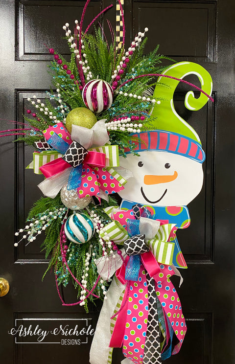 Snowman-Colorful-Pink & Blue-Wreath