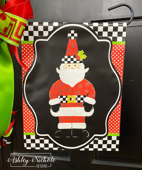 Santa - Full Body - Checkered with Red Glitter Dots Vinyl Garden Flag