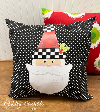 Custom Pillow - Santa Claus - Checkered with Red Glitter Dots Hat on Black & White Mini Dot Outdoor Fabric