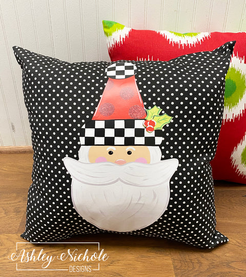 Custom- Santa Claus Pillow - Checkered with Red Glitter Dots Hat -Black and White Dot