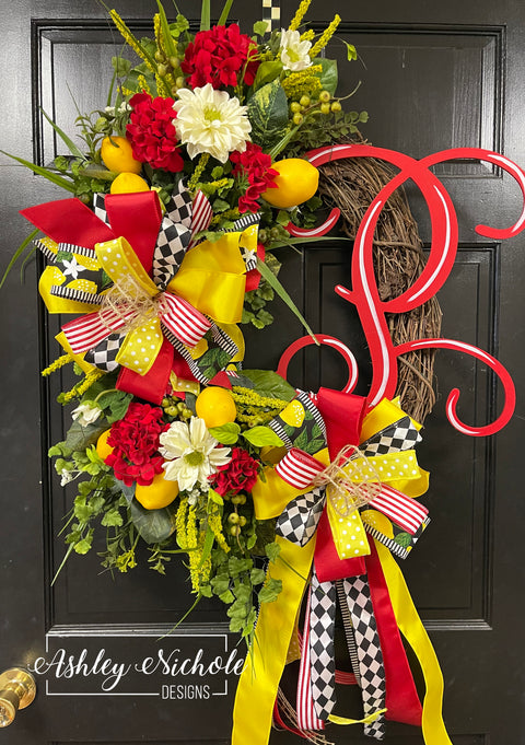 Lemonade Floral Initial Wreath with REDS