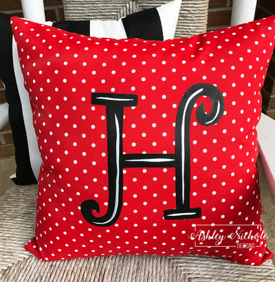 Custom Pillow - Initial on Red with White Mini Dot Outdoor Fabric