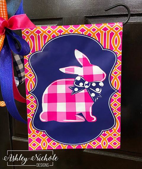 Buffalo Check Bunny Vinyl Garden Flag - Pink/Navy/Orange