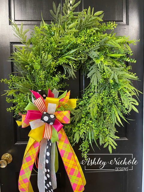 Mixed Greenery Wreath - Colorful Bow
