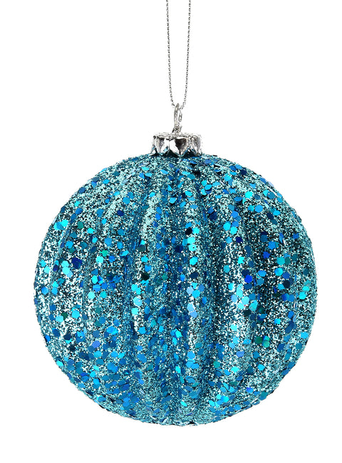 4" Glitter Ridged Ornament Ball - Blue