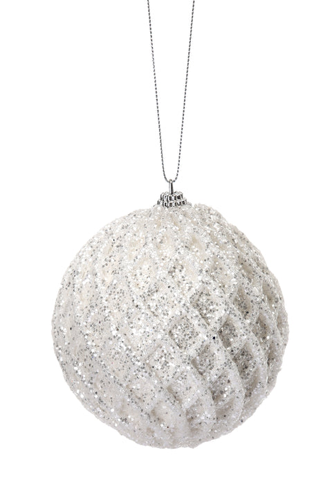 Ornament Ball -  White Glittered Net Ball 4"