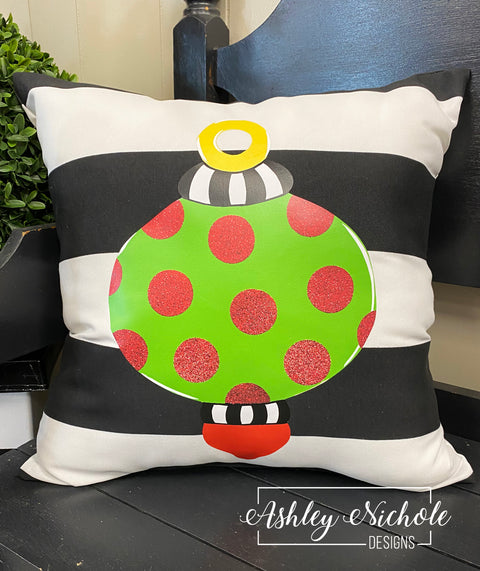 Custom Pillow - Ornament Dots on Black & White Striped Outdoor Fabric